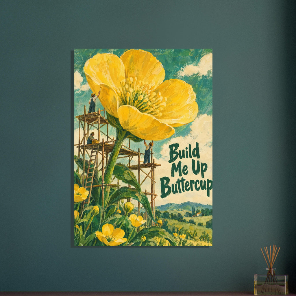 Giant yellow buttercup surrounded by workers on wooden scaffolding, with green “Build Me Up Buttercup” lettering.