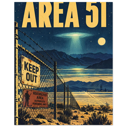 Area 51 poster with yellow lettering, a glowing UFO, desert mountains and a barbed-wire fence bearing warning signs.