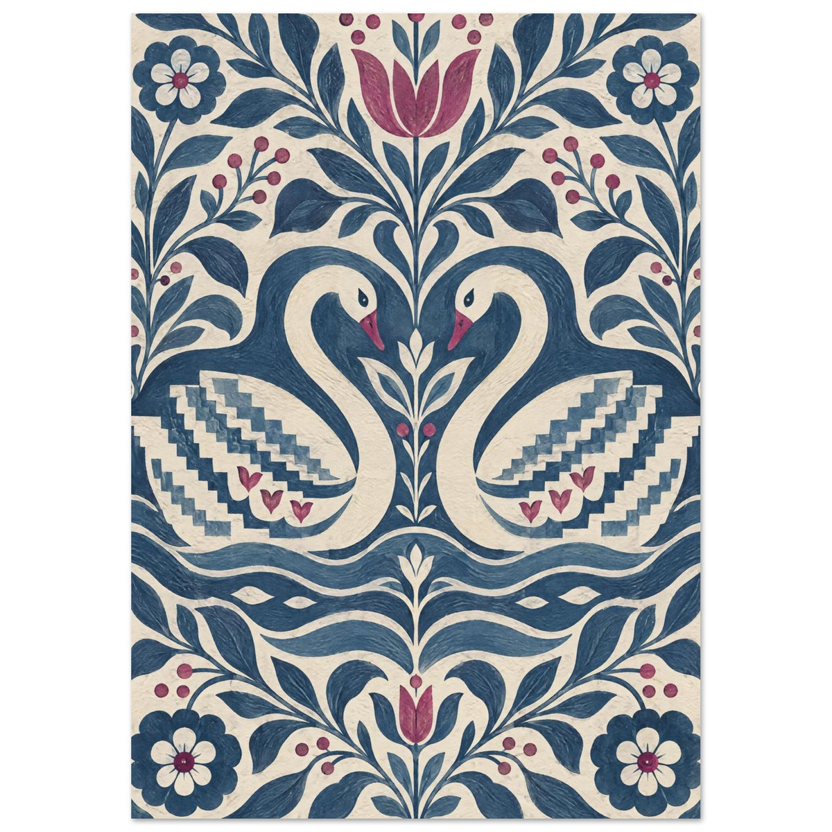 Swans And Flowers Folk Art Print