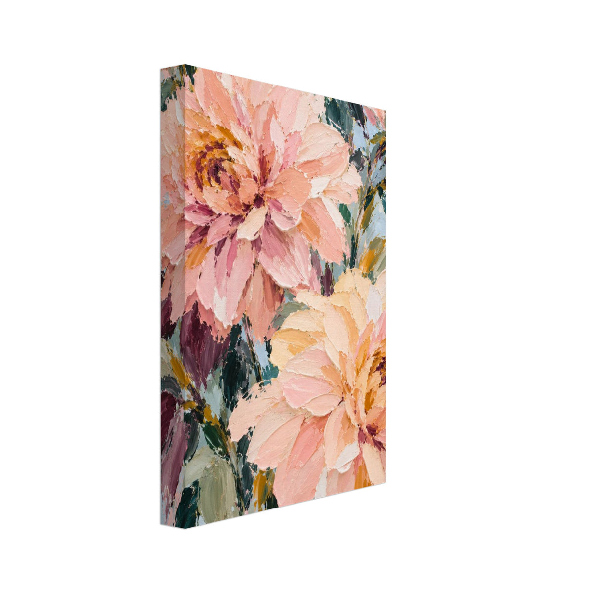 Peach and pink dahlias with dark green leaves on pale blue, bordered in white with ‘DAHLIA’ and ‘Dahlia pinnata’ below.