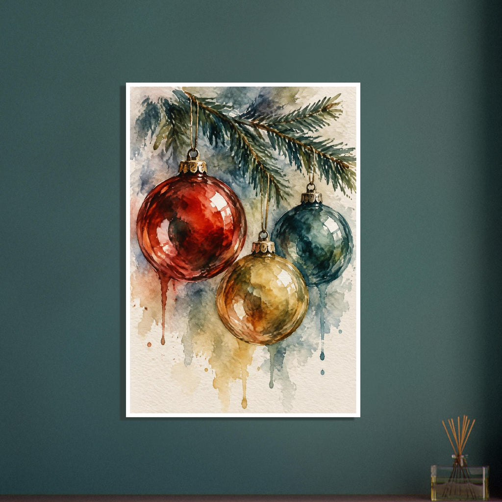 Red, teal and gold Christmas baubles hanging from an evergreen branch, painted in watercolour with trailing drips.