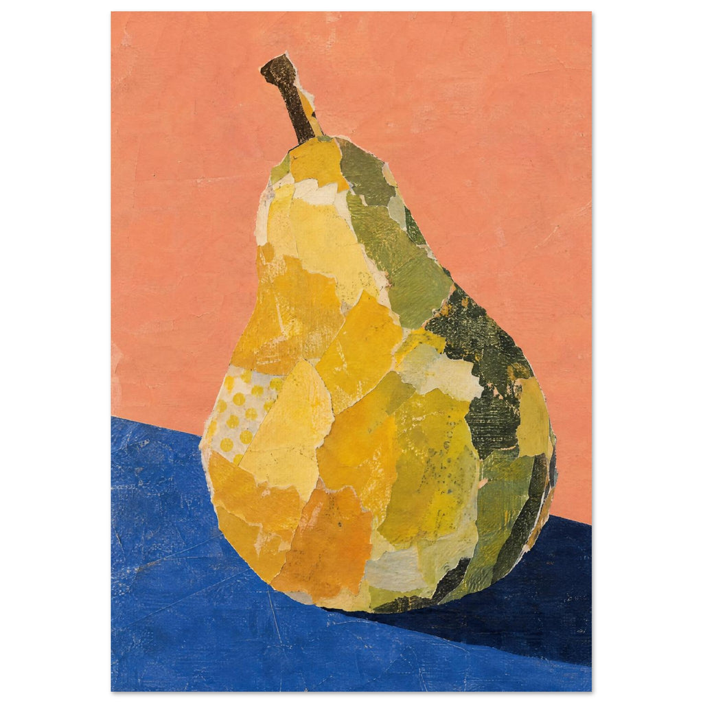 Yellow and green collage pear with a dark stem on a blue tabletop against a textured peach background.