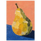 Yellow and green collage pear with a dark stem on a blue tabletop against a textured peach background.