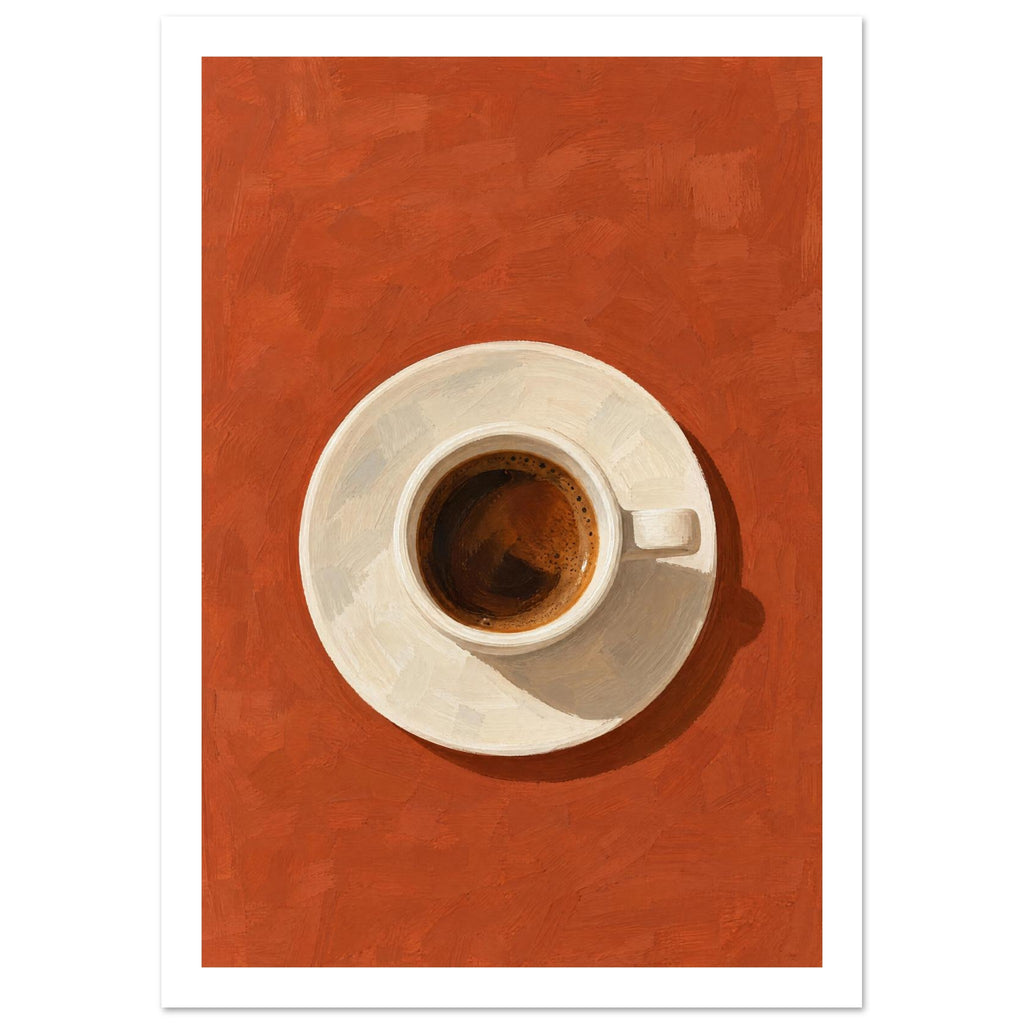 Espresso in a cream cup and saucer, viewed from above on a textured terracotta background with a dark cast shadow.