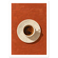 Espresso in a cream cup and saucer, viewed from above on a textured terracotta background with a dark cast shadow.