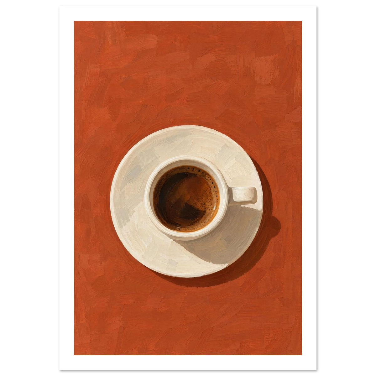 Espresso in a cream cup and saucer, viewed from above on a textured terracotta background with a dark cast shadow.