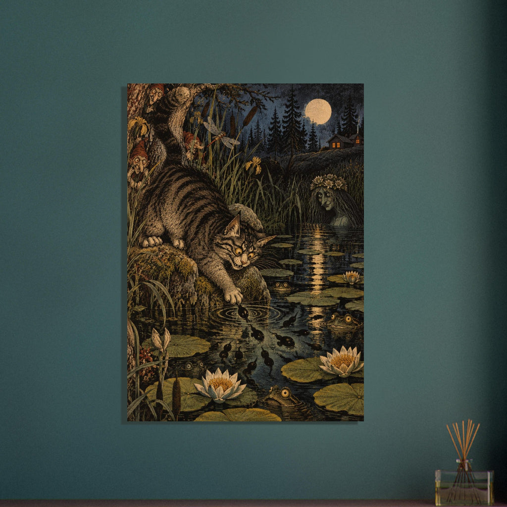 Striped cat reaching into a pond with tadpoles, frogs and water lilies, beneath a full moon with woodland fantasy figures.