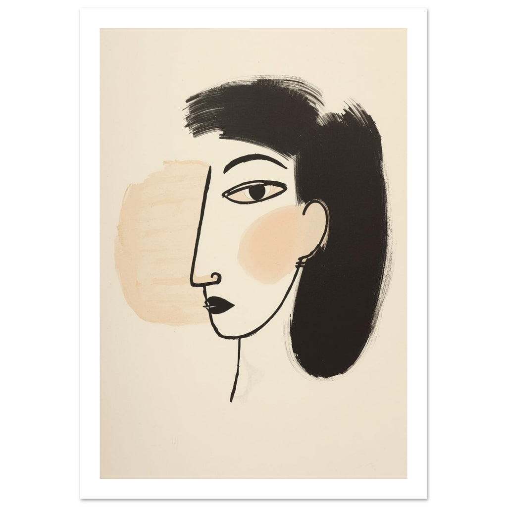 Stylised face with one outlined eye, black lips and sweeping black hair against a cream background with pale peach patches.