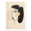Stylised face with one outlined eye, black lips and sweeping black hair against a cream background with pale peach patches.