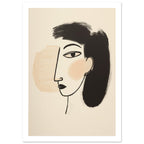 Stylised face with one outlined eye, black lips and sweeping black hair against a cream background with pale peach patches.