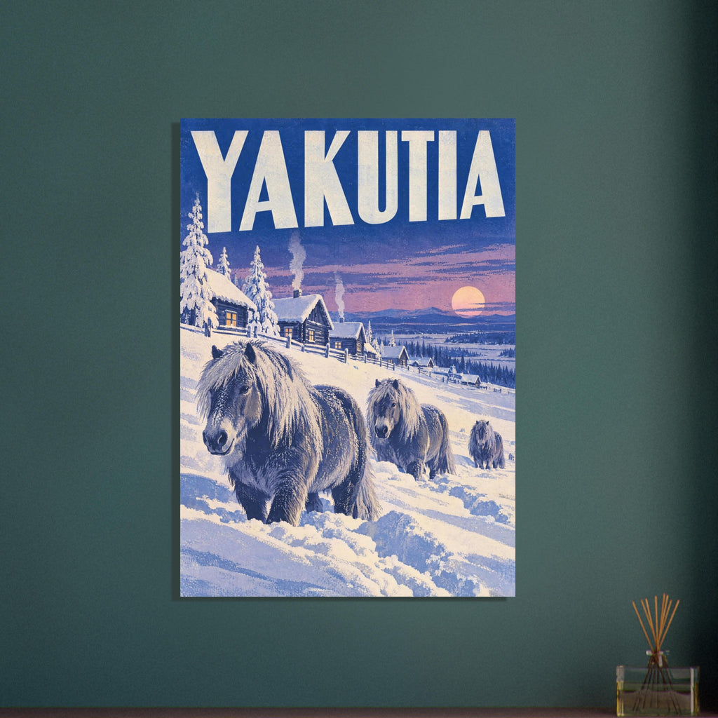 Three shaggy horses in deep snow beside timber houses and frosted trees, beneath Yakutia lettering and a pink sunset.