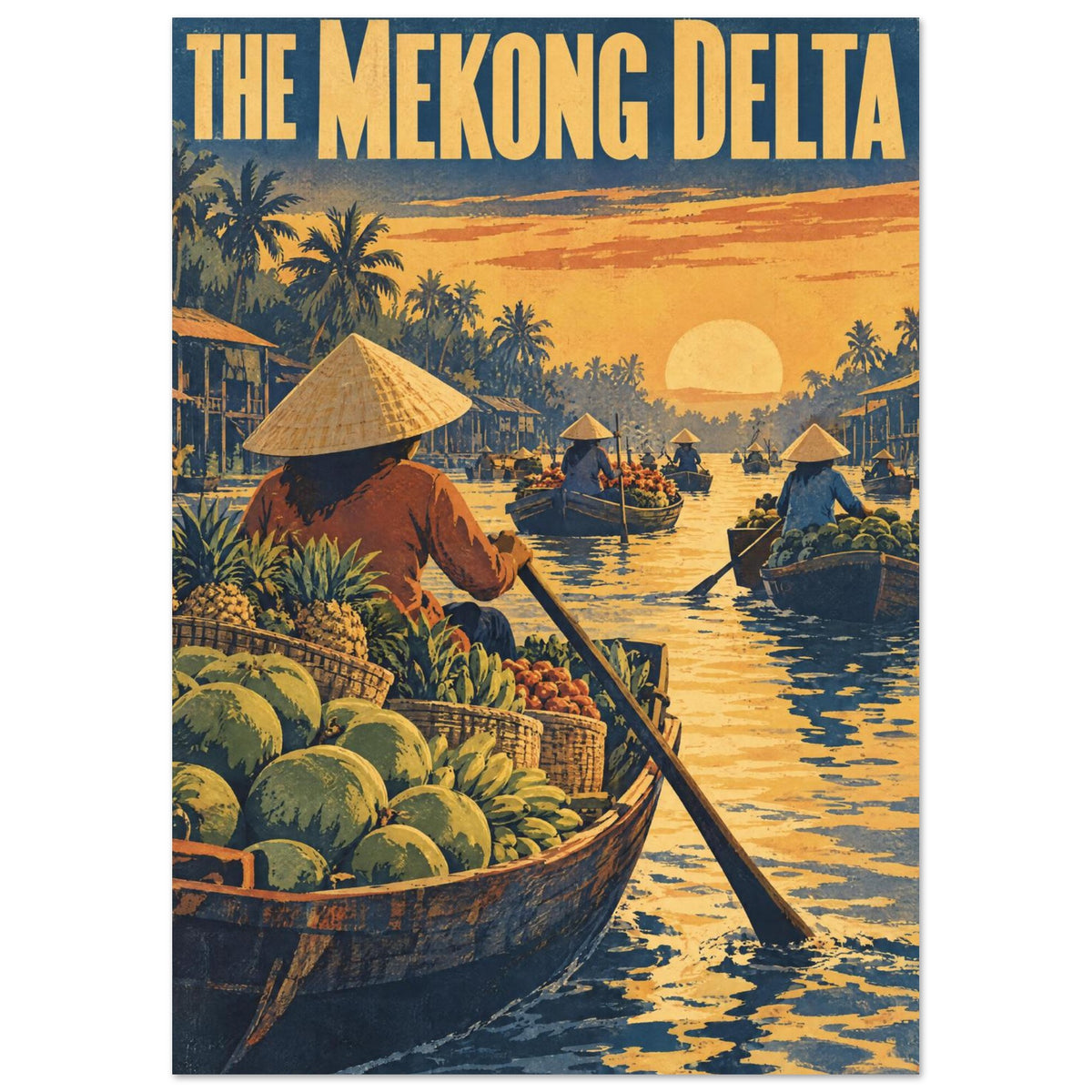 Mekong Delta Floating Market Retro Poster