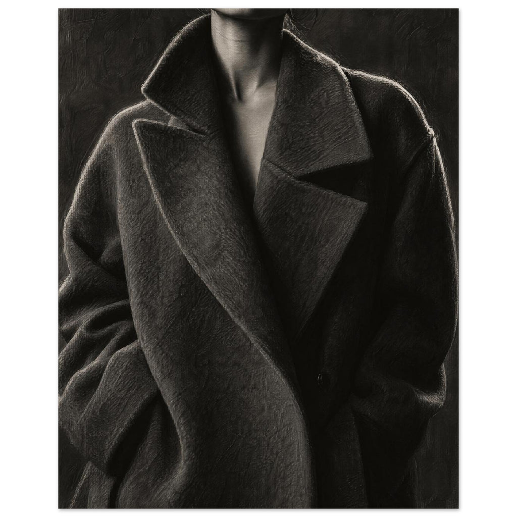 The Oversized Lapel, a chin-to-hip photograph of a model in a wool coat with a brightly outlined shoulder against charcoal sh