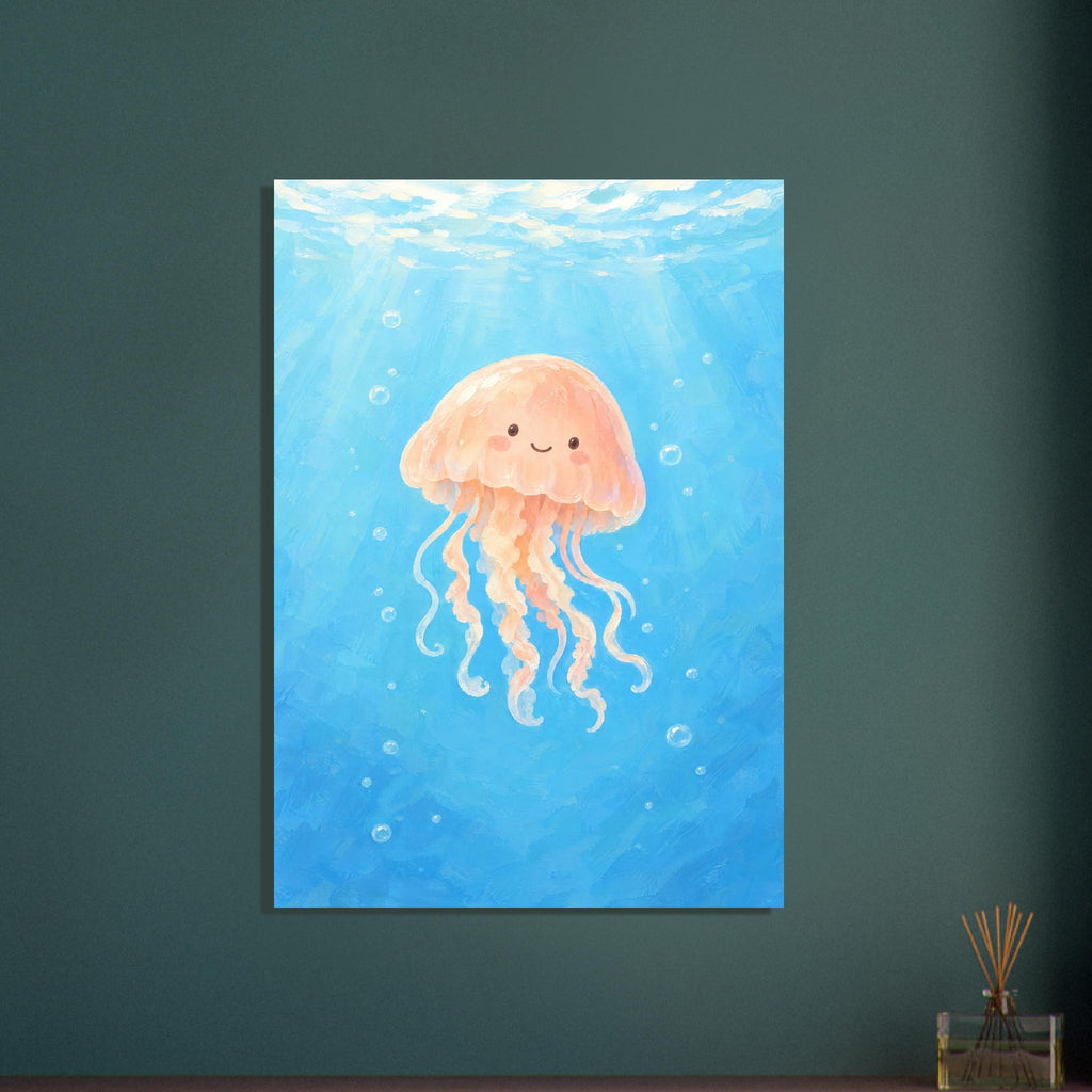 Smiling peach jellyfish with curling tentacles floating in blue water, surrounded by bubbles beneath a sunlit surface.