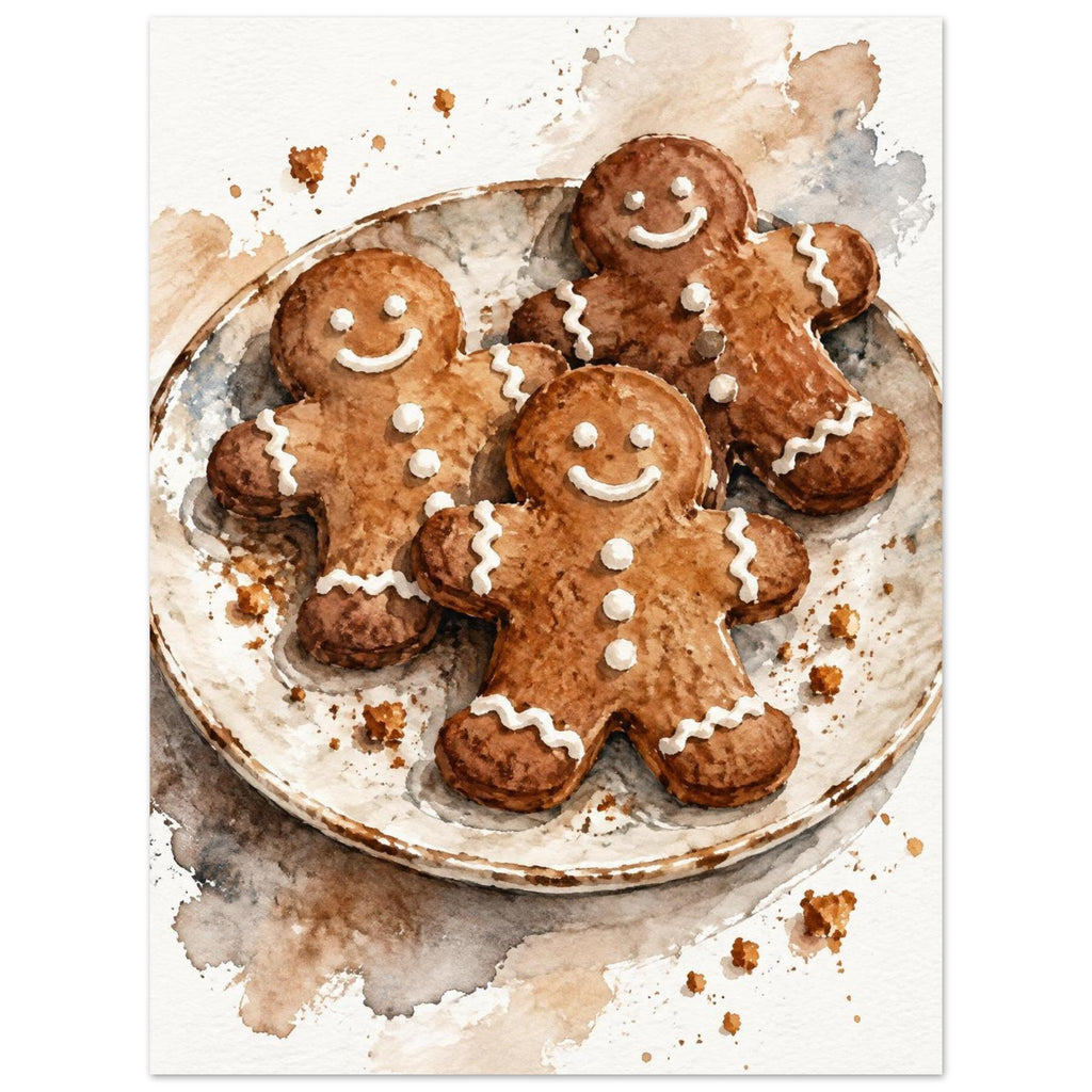 Watercolour painting of three iced gingerbread men on a rustic plate