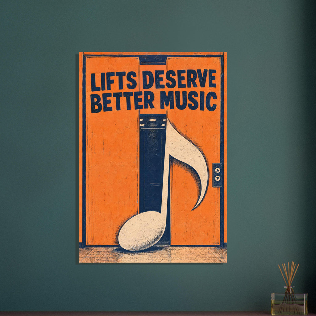 Orange lift doors with navy “Lifts Deserve Better Music” lettering and an oversized cream musical note in a distressed finish