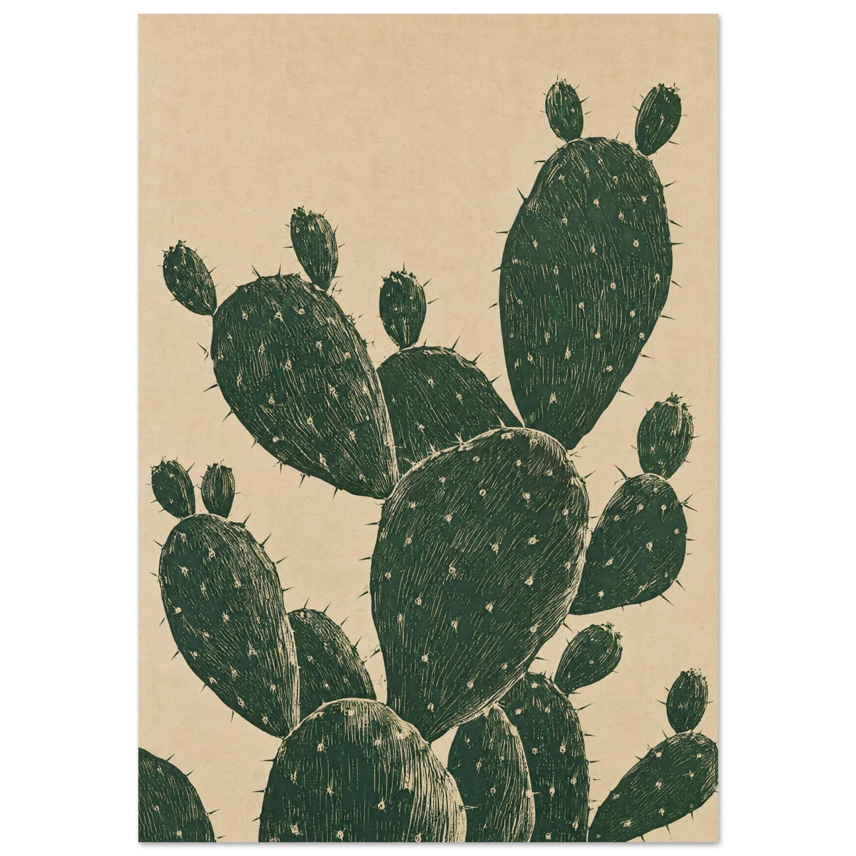 Prickly pear cactus with overlapping dark green oval pads, fine pale markings and spines against a textured beige background.