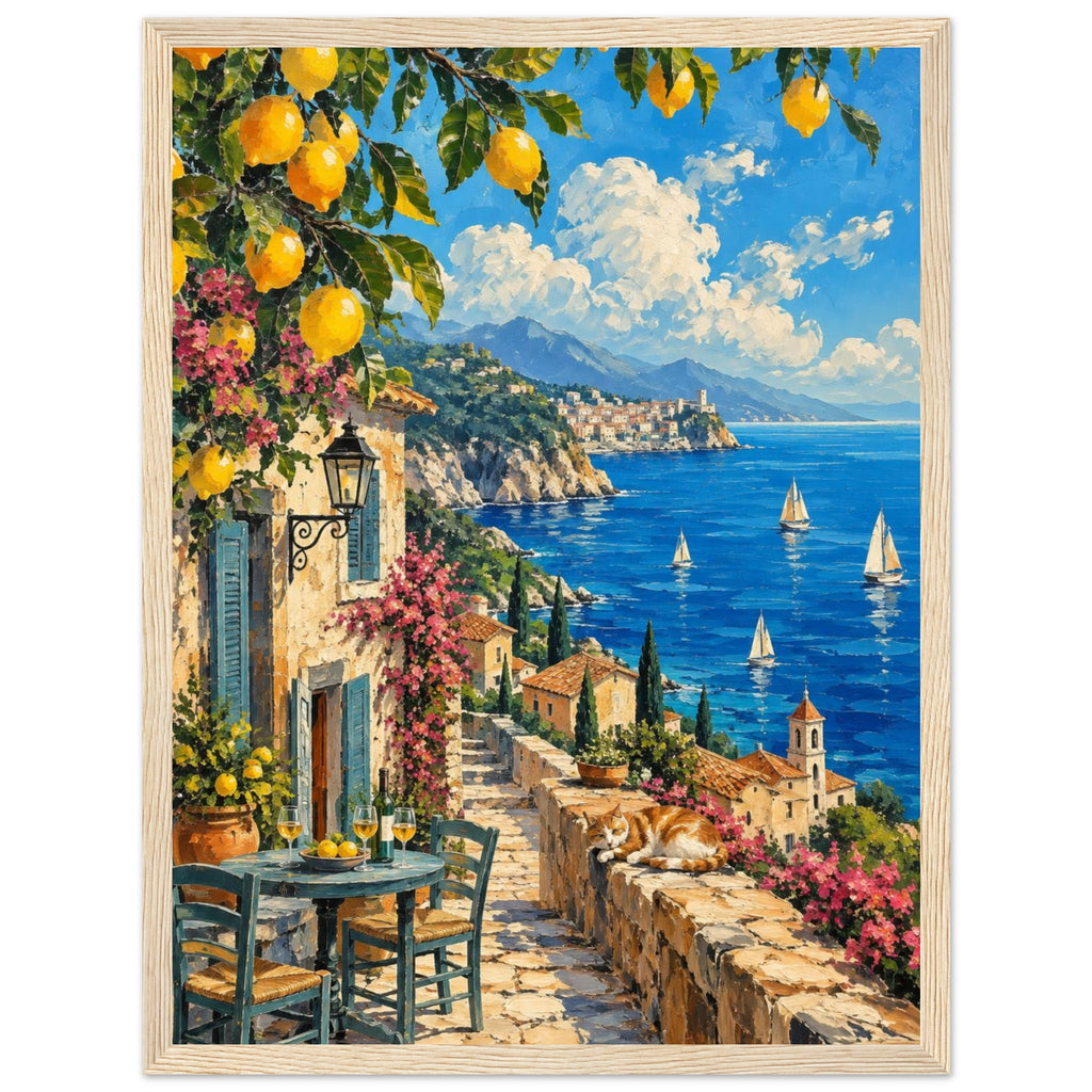 Lemon branches above a seaside terrace with a table, chairs and resting cat, overlooking sailboats and a coastal village.