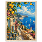 Lemon branches above a seaside terrace with a table, chairs and resting cat, overlooking sailboats and a coastal village.