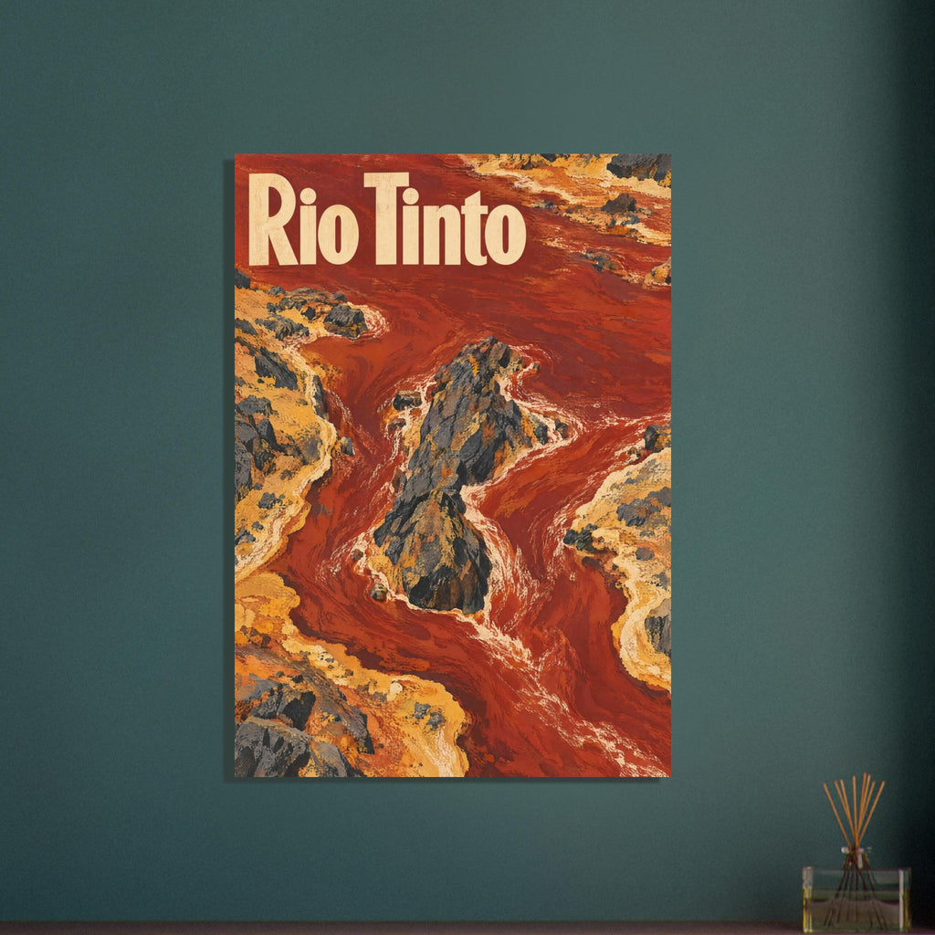 Red river winding around dark jagged rocks and ochre banks, with large cream Rio Tinto lettering across the top.