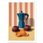 Blue moka pot with two burgundy cups and a peeled orange on a yellow table against coral and cream stripes.