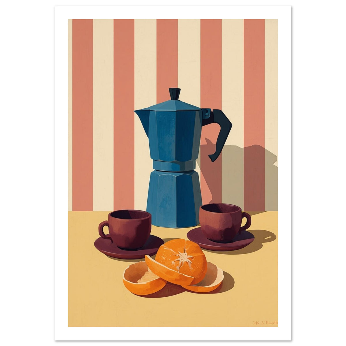 Blue moka pot with two burgundy cups and a peeled orange on a yellow table against coral and cream stripes.