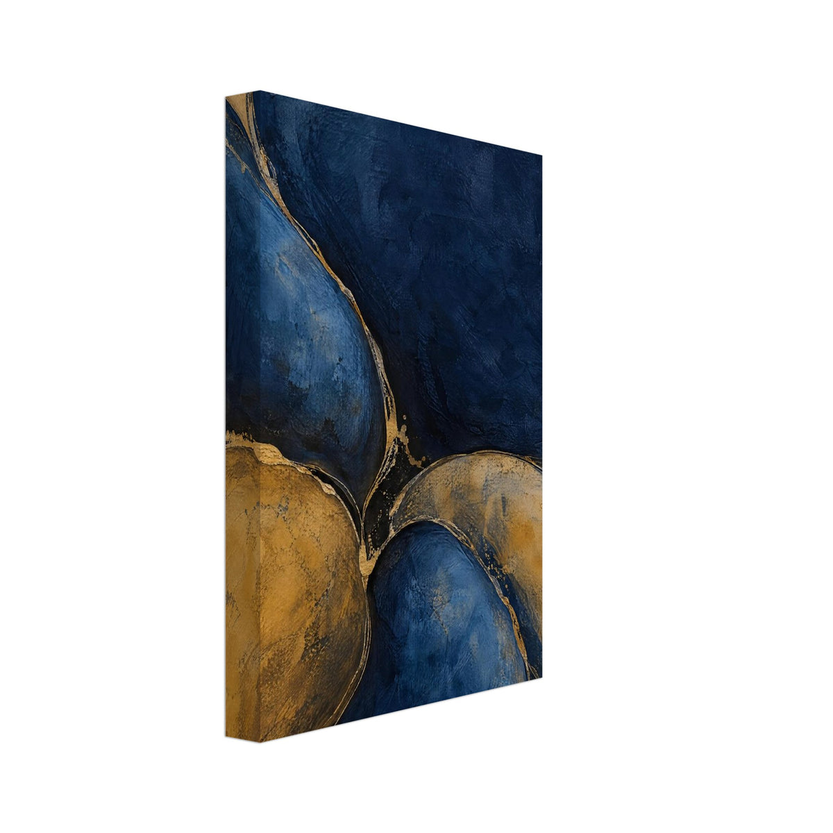 Rounded navy blue and ochre-gold abstract shapes with fine gold-toned edges and mottled, painterly textures.