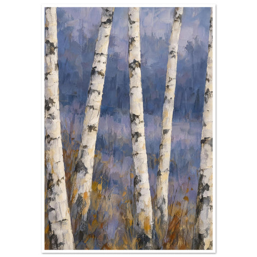 Pale birch trunks with dark bark markings against a painterly blue and lavender background, with ochre grasses below.
