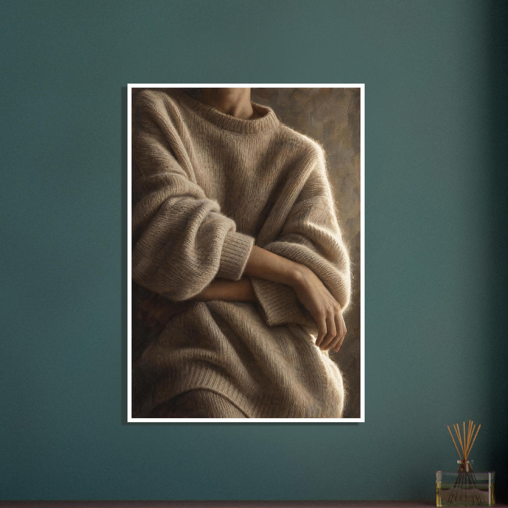 Cashmere and Quiet, a close crop of crossed forearms over a voluminous cream jumper, with warm taupe shadows and a softly lit
