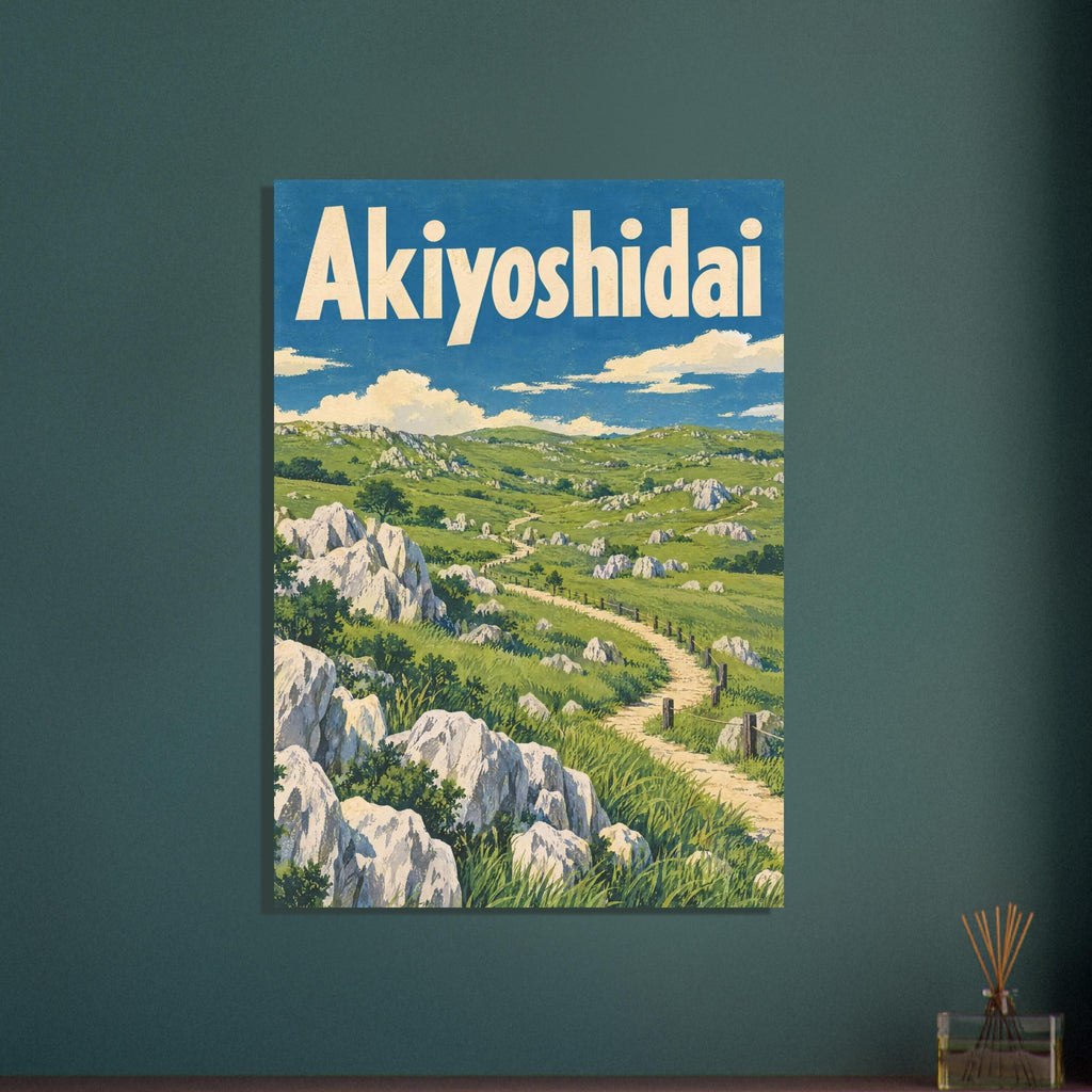 Akiyoshidai travel poster with cream lettering, green limestone hills and a winding fenced path beneath a blue sky.