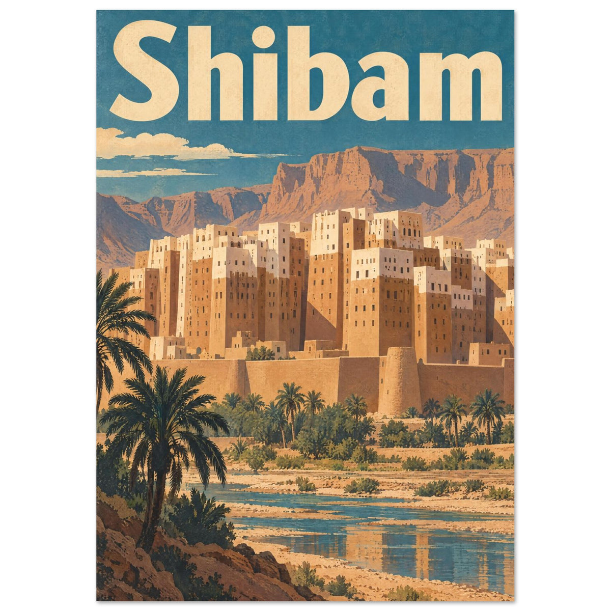 Shibam skyline with sandy tower buildings, cliffs, palms and reflective water beneath a teal sky and large cream lettering.