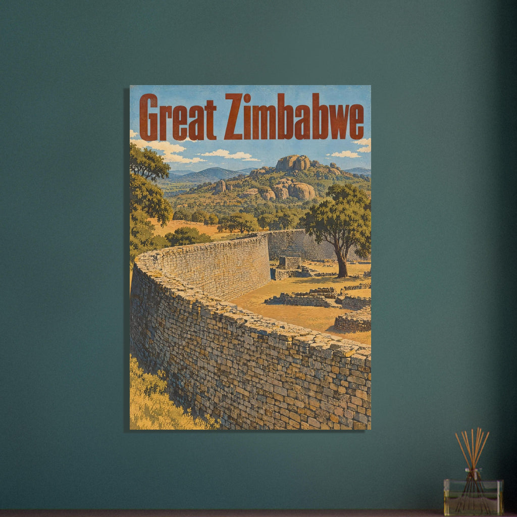 Great Zimbabwe poster with curving stone walls, trees and rocky hills beneath a blue sky and large rust-red lettering.