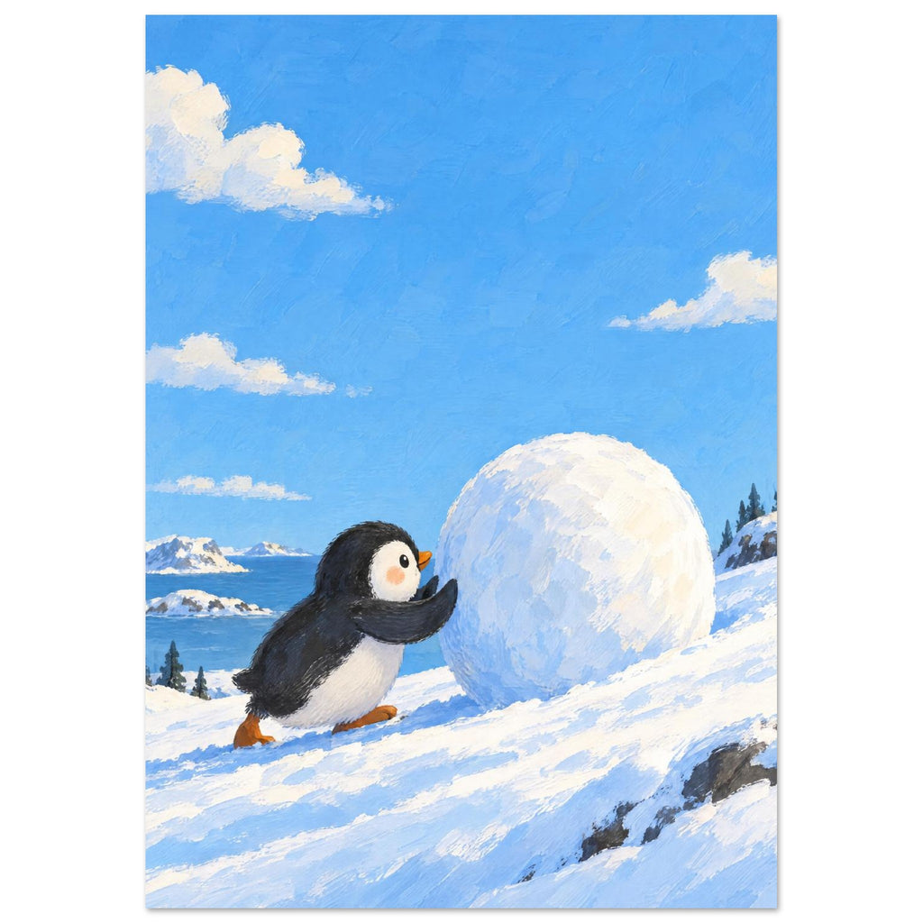 Penguin pushing a giant snowball up a snowy slope, with blue water, distant mountains and white clouds behind.