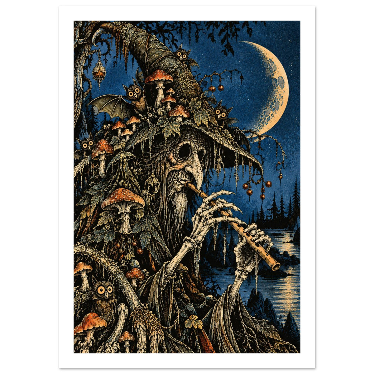 Skeletal Forest Musician Fantasy Art Print – White Border