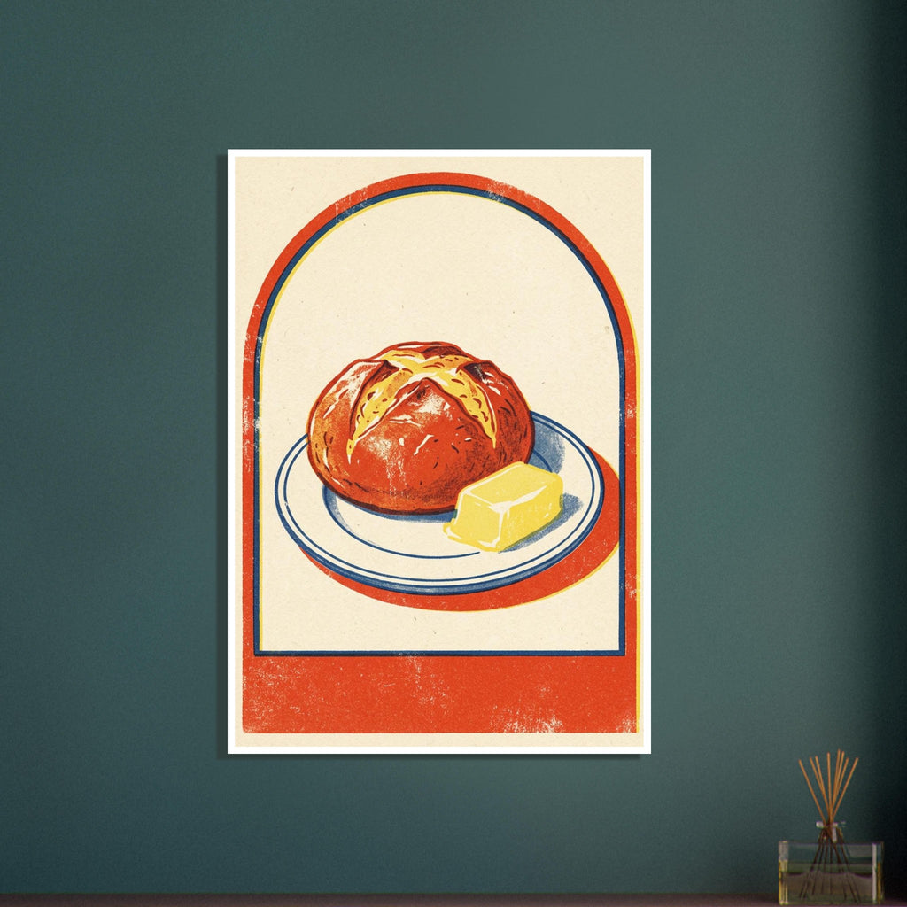 Round loaf and yellow butter on a blue-rimmed plate, with an orange-red arch border and textured cream background.