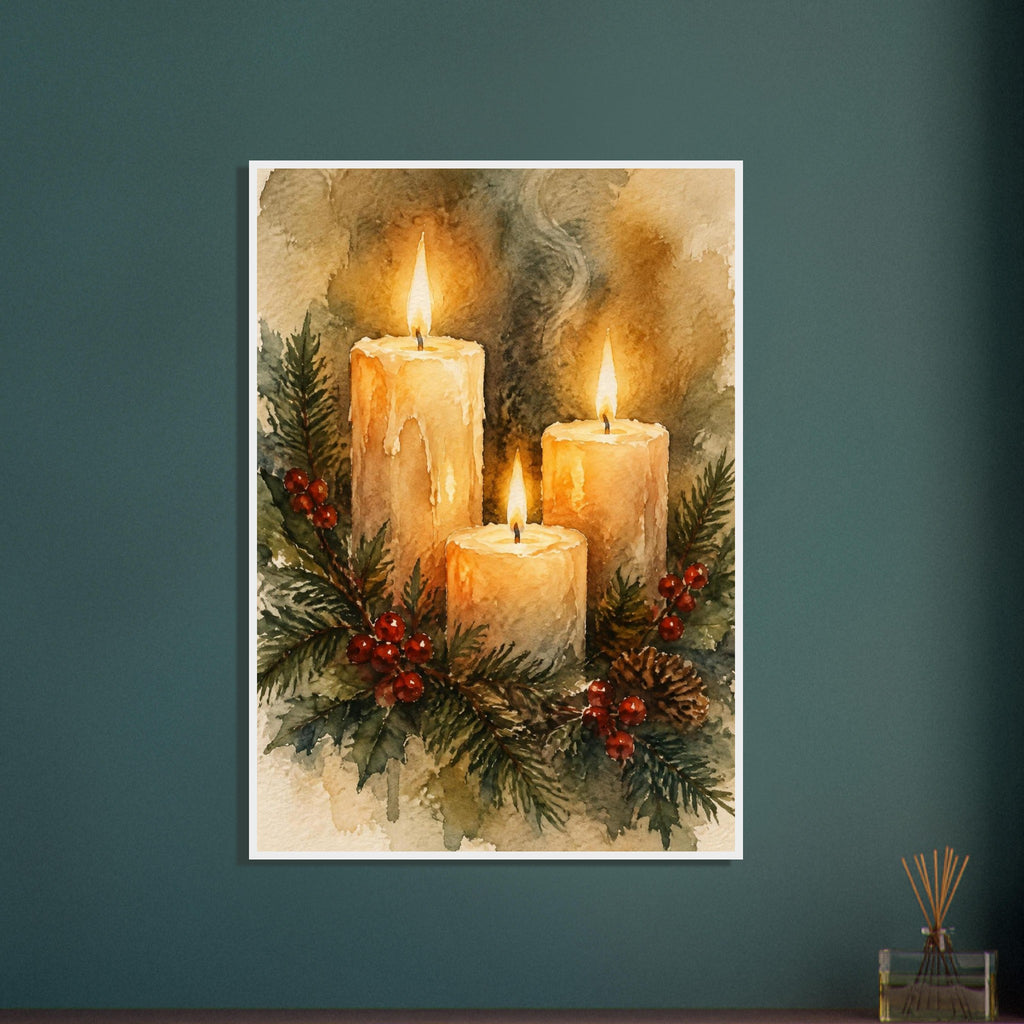 Watercolour painting of three lit advent candles with spruce sprigs and red berries