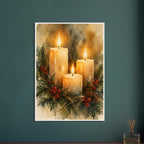 Watercolour painting of three lit advent candles with spruce sprigs and red berries