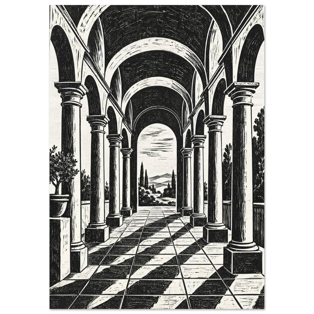 Arched colonnade with tall columns, vaulted ceilings and diagonal shadows on a tiled floor, opening onto trees and hills.