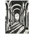 Arched colonnade with tall columns, vaulted ceilings and diagonal shadows on a tiled floor, opening onto trees and hills.