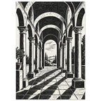 Arched colonnade with tall columns, vaulted ceilings and diagonal shadows on a tiled floor, opening onto trees and hills.