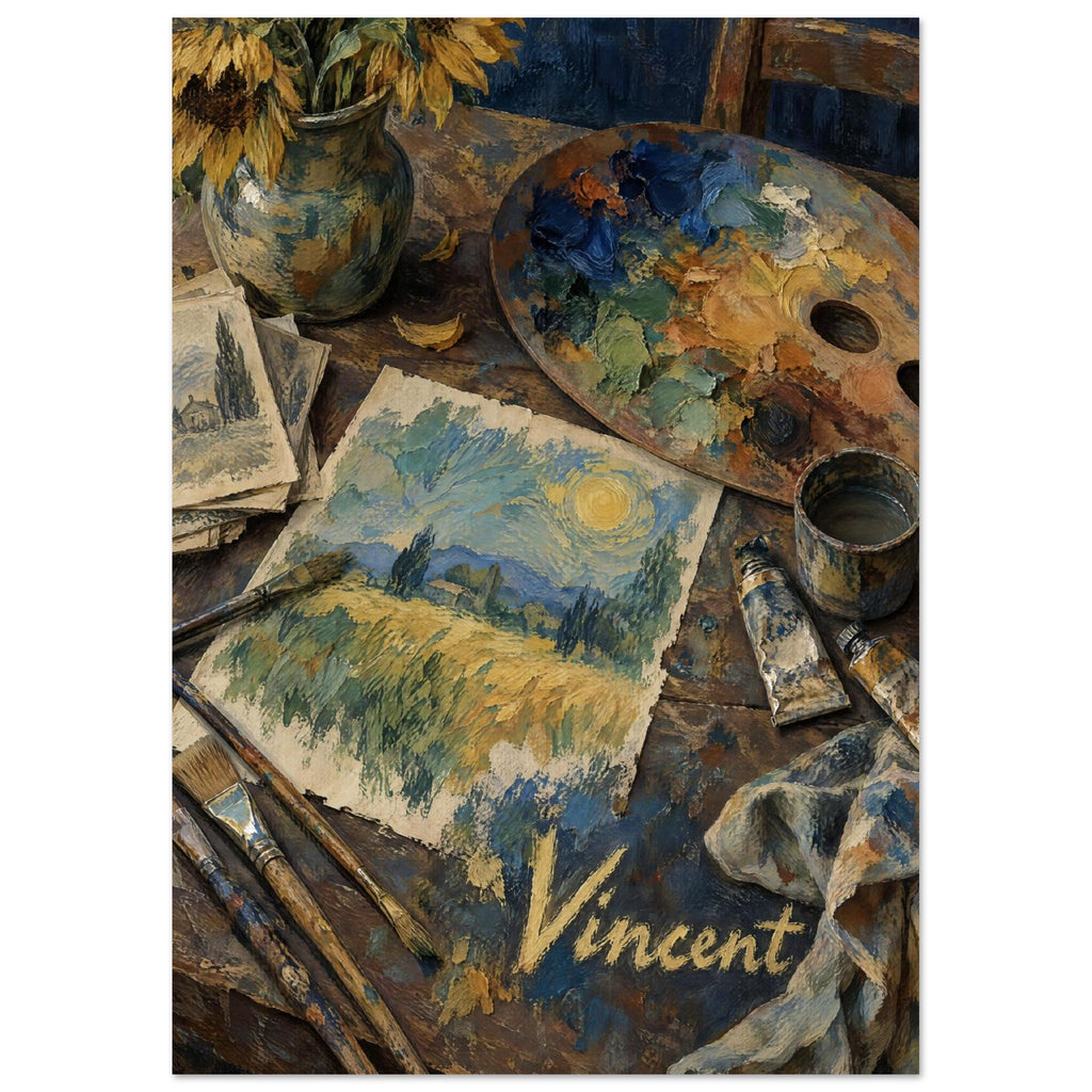 Artist’s palette, sunflowers, brushes and paint tubes around a landscape painting, with ‘Vincent’ lettering below.