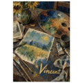 Artist’s palette, sunflowers, brushes and paint tubes around a landscape painting, with ‘Vincent’ lettering below.