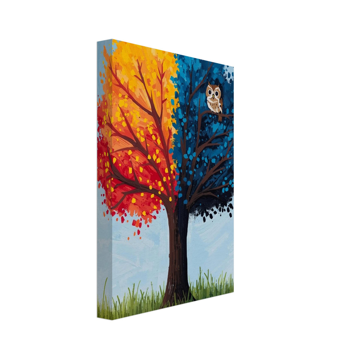 Tree with red, orange and yellow foliage on the left, blue foliage and a perched owl on the right, against pale blue.