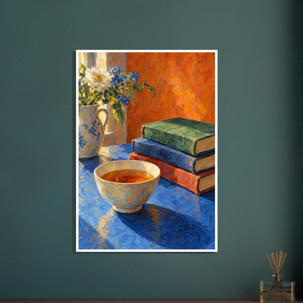 Bowl of tea beside stacked books and a jug of white and blue flowers on a blue table against an orange background.