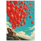 Red balloons with trailing strings rise from an open wicker basket on a grassy slope beneath a turquoise sky.