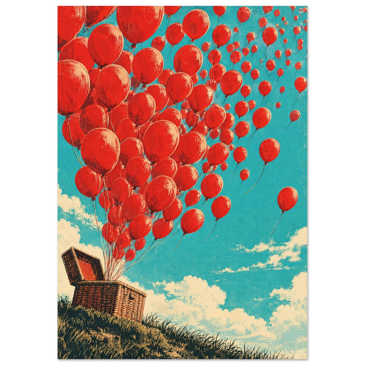 Red balloons with trailing strings rise from an open wicker basket on a grassy slope beneath a turquoise sky.