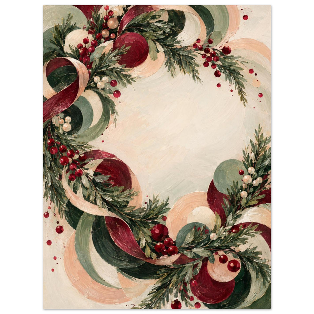 Christmas Eve Wreath in Motion shows an off-centre ring of fir, berries and looping ribbon in sage, burgundy, peach and ivory