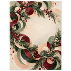 Christmas Eve Wreath in Motion shows an off-centre ring of fir, berries and looping ribbon in sage, burgundy, peach and ivory