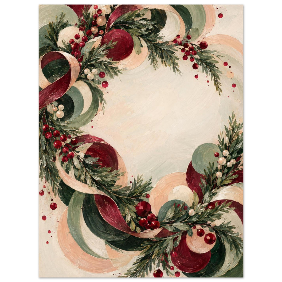 Christmas Eve Wreath in Motion shows an off-centre ring of fir, berries and looping ribbon in sage, burgundy, peach and ivory