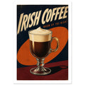 Irish coffee in a cream-topped stemmed glass, with large cream lettering, an orange oval and a dark background.